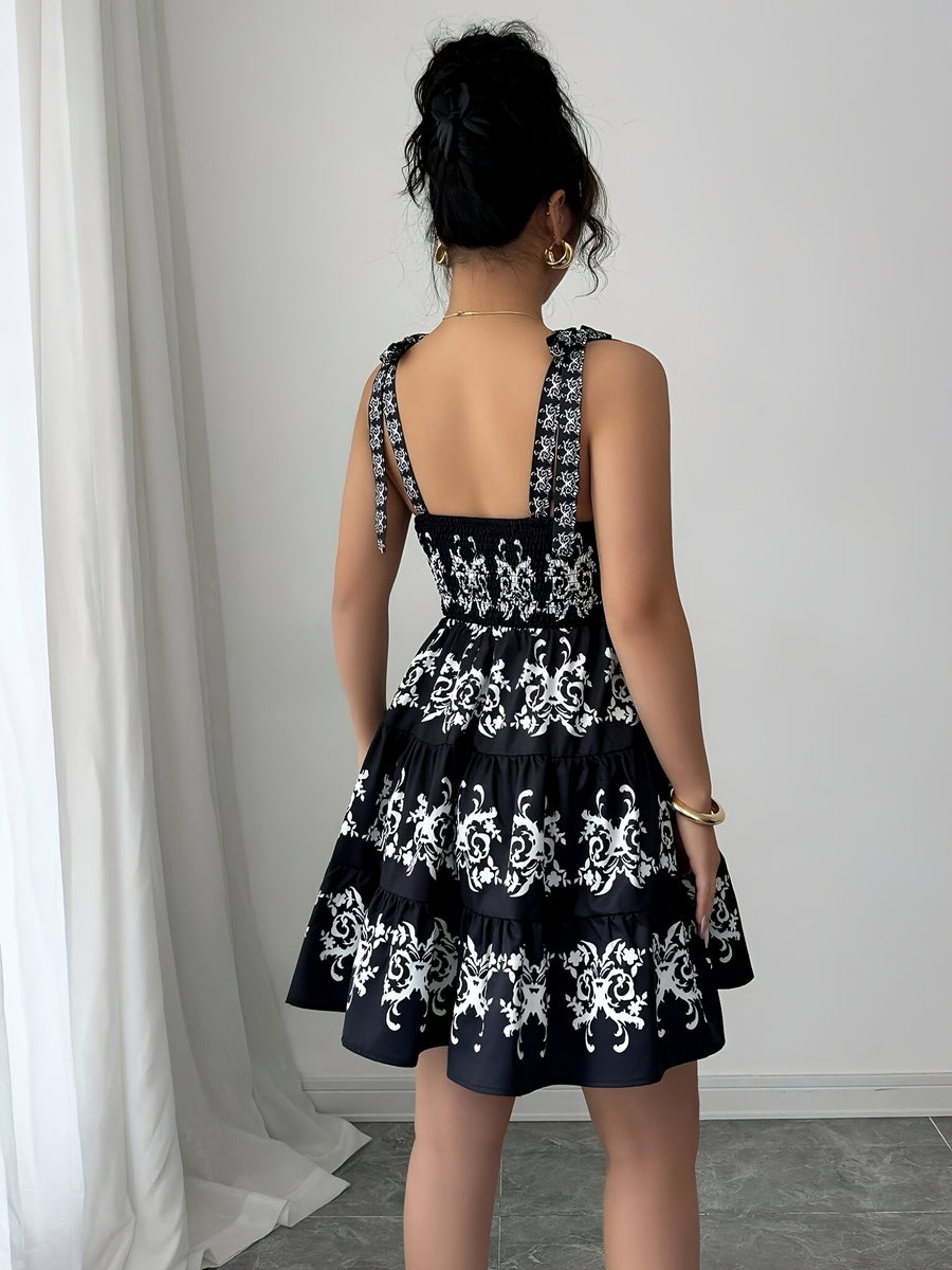 Spring/Summer New Women's Printed Lace Tie-Up Black Short Mini Dress, Fashion and Minimalism + Niannian - Black
