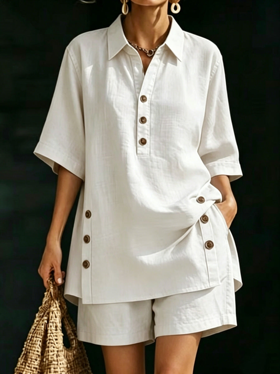WY260406061) Women's Comfortable Loose-Fit Button-Up Shirt and Shorts Linen 2pcs Set - White