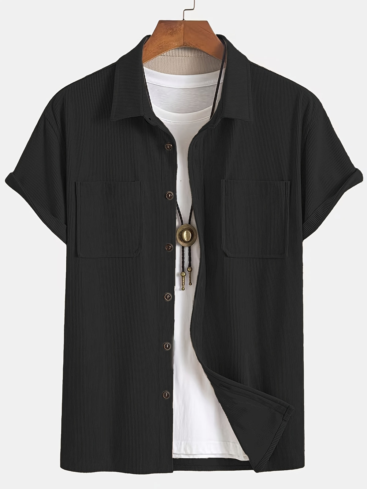 Summer Men'S Solid Color Pinstripe Corduroy Shirt, Lapel Double Pocket Design Loose All-Match Short Sleeve Shirt Jacket - Black