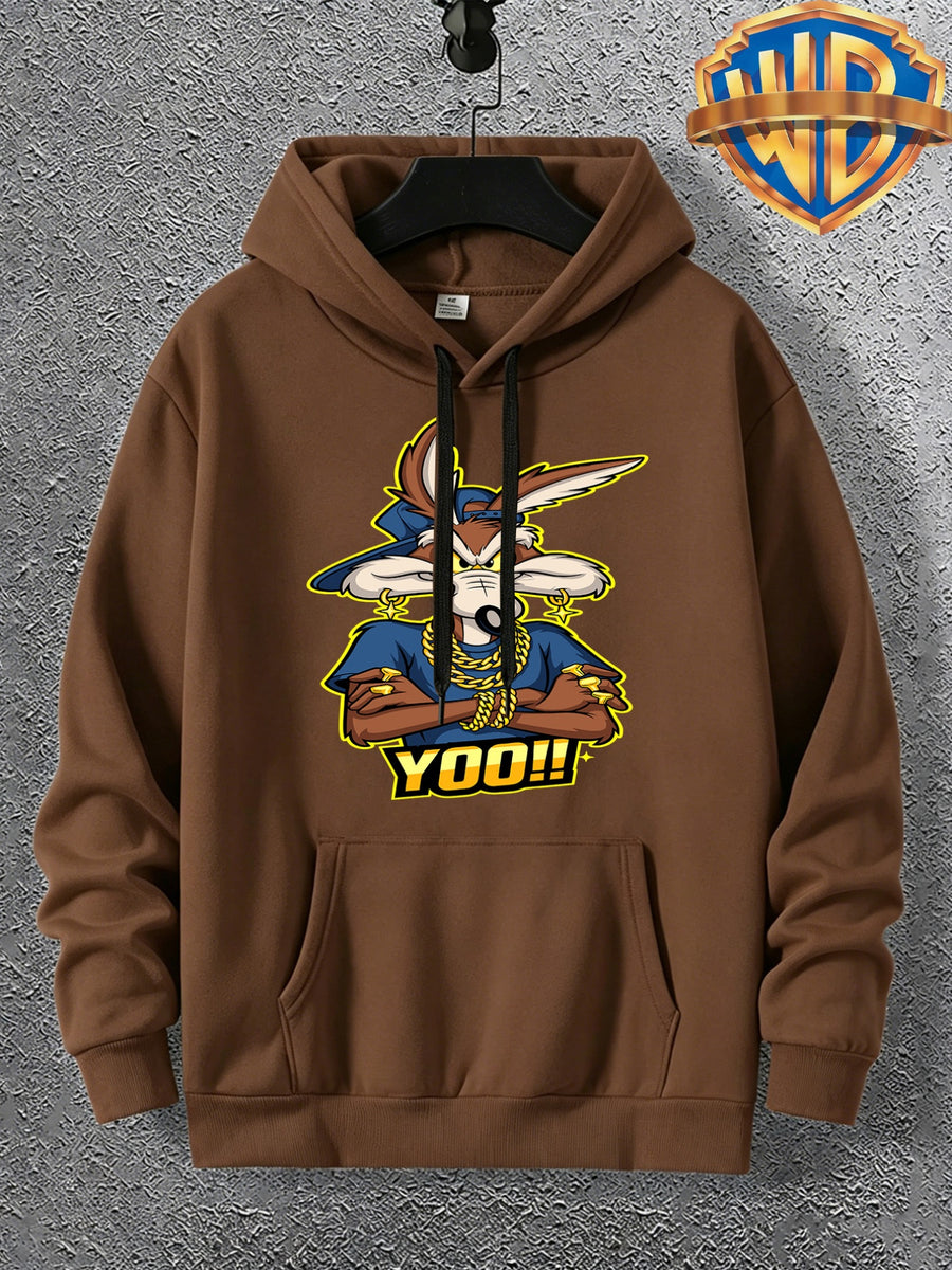 Warner Licensed Men'S Autumn Hooded Sweatshirt, Reinforced Ribbed Cuffs, Breathable Polyester Fabric, Hip-Hop Street Style Distorted Heart Wolf Pattern, Suitable for Retro Hip-Hop Outfits, Urban Trendy Men, Practical Kangaroo Pouch - Coffee Color