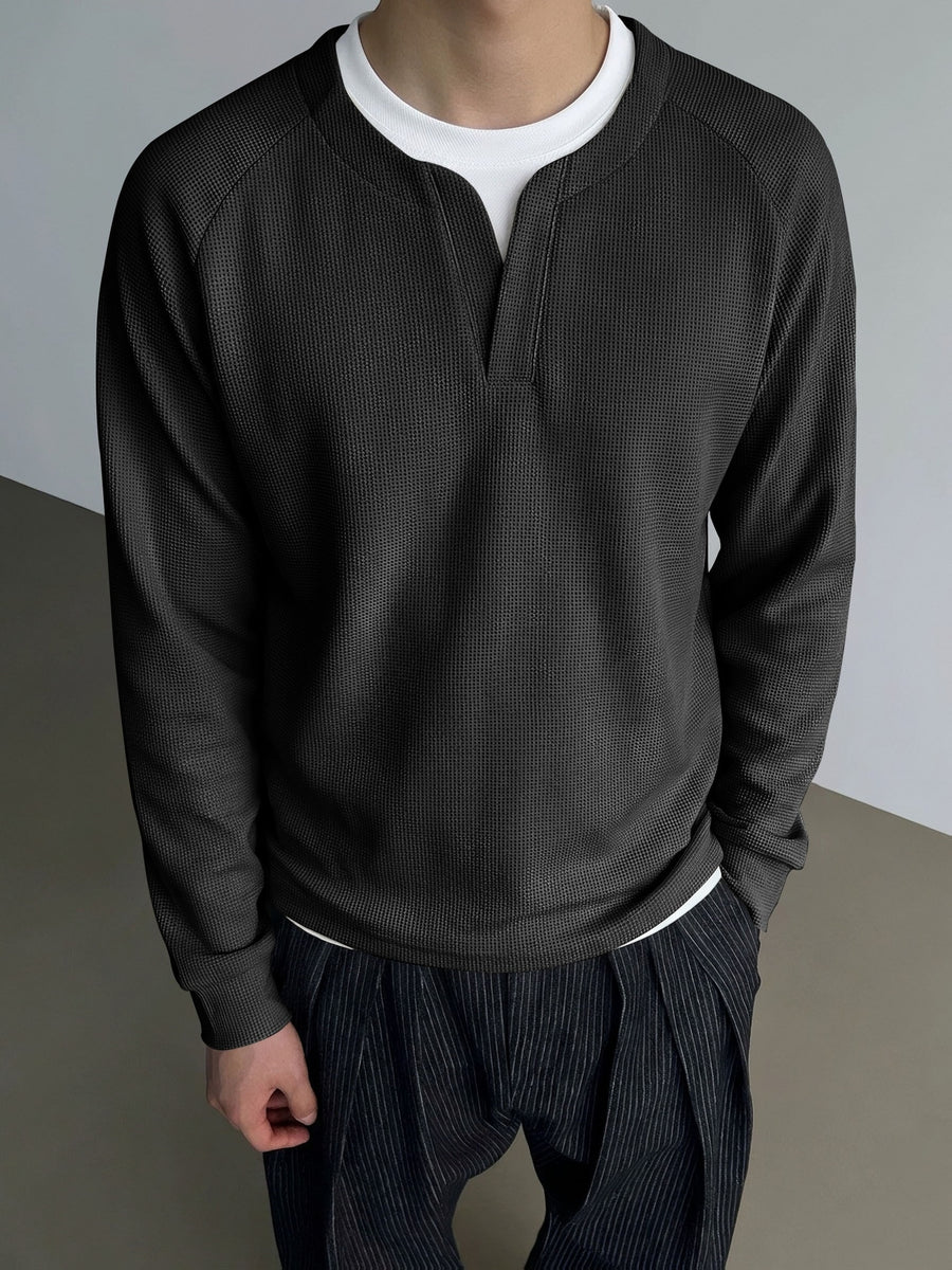Men's Minimalist Korean Henley Collar Long Sleeve Top Waffle Knit Breathable Raglan Sleeve Casual Sweatshirt for Spring Autumn Daily Commute Layering Wear - Black