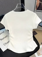 Trendy Women'S Casual Hot Style Shopping Detail Waist-Cinching Round Neck Printed T-Shirt - White