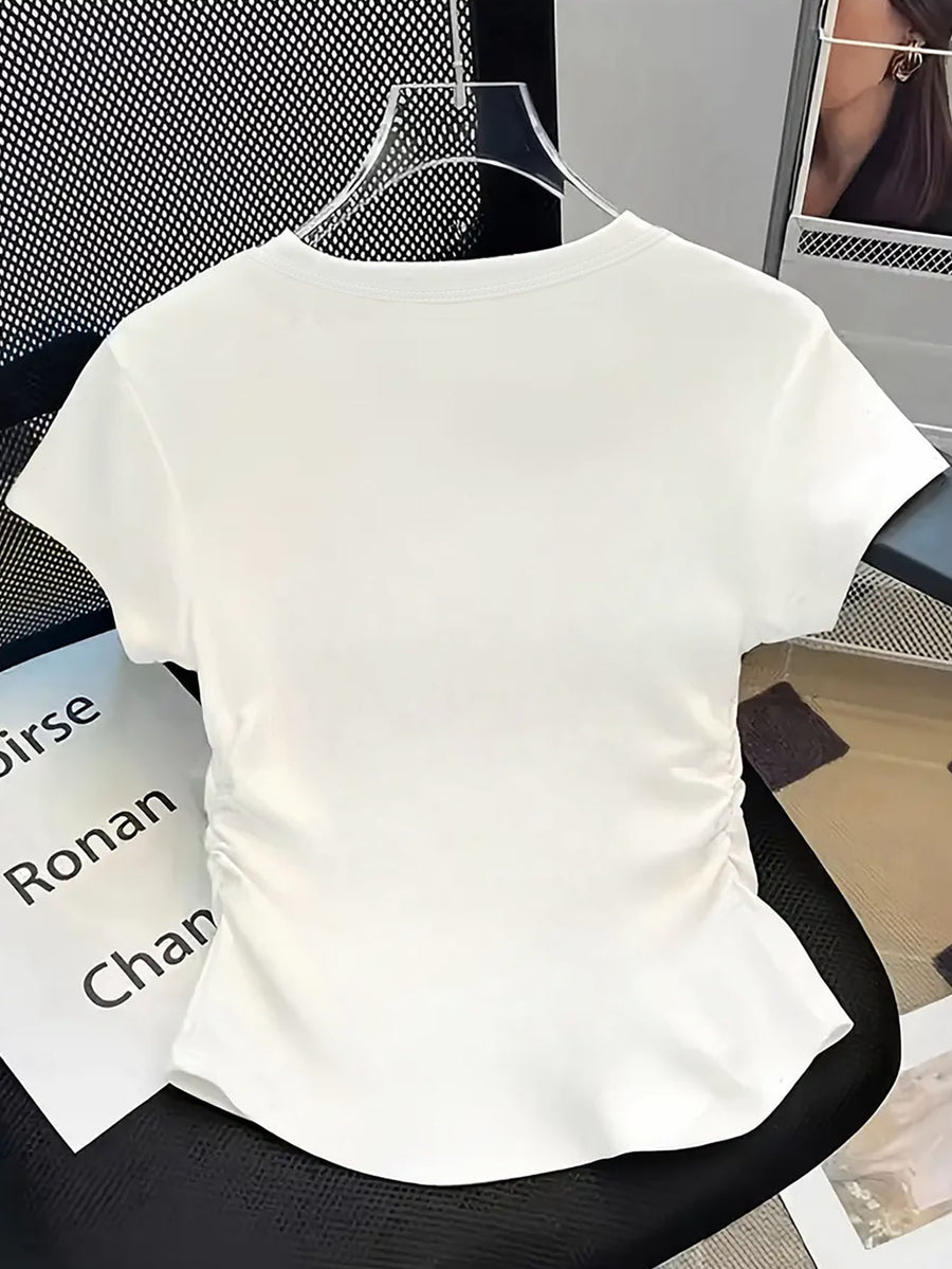 Trendy Women'S Casual Hot Style Shopping Detail Waist-Cinching Round Neck Printed T-Shirt - White