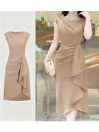 Spring-Summer Pleated Asymmetrical Elegant Design Women's Dress Gown - Khaki