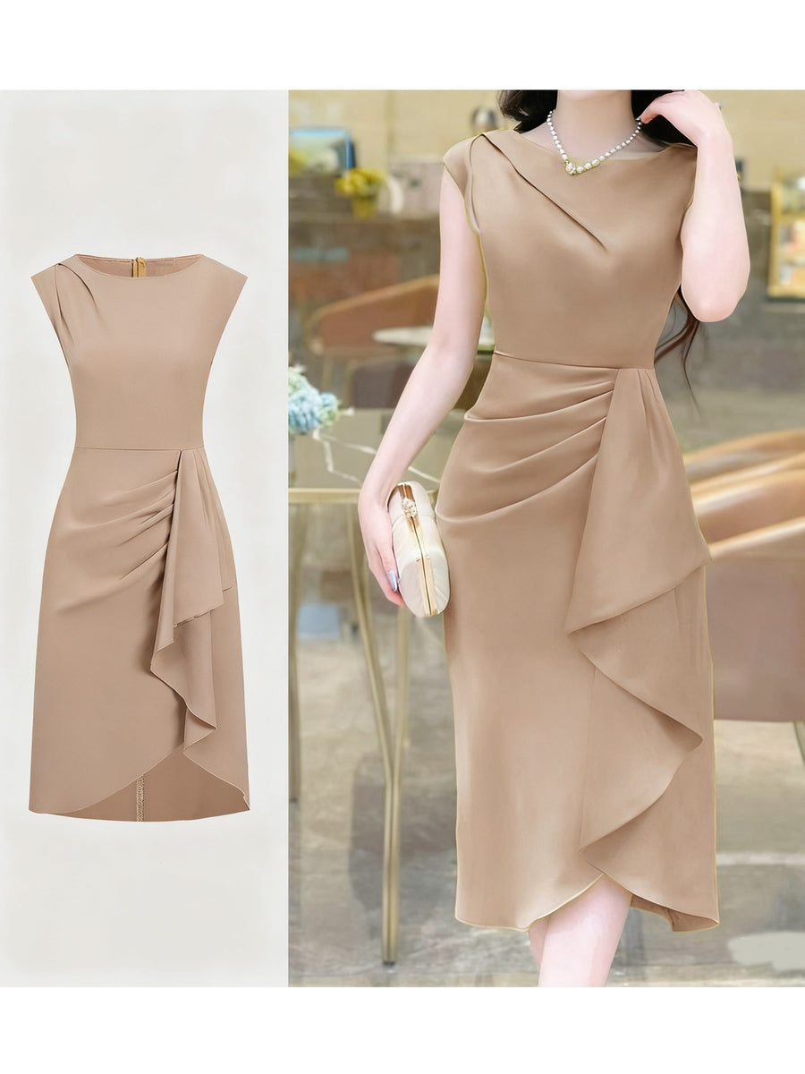 Spring-Summer Pleated Asymmetrical Elegant Design Women's Dress Gown - Khaki