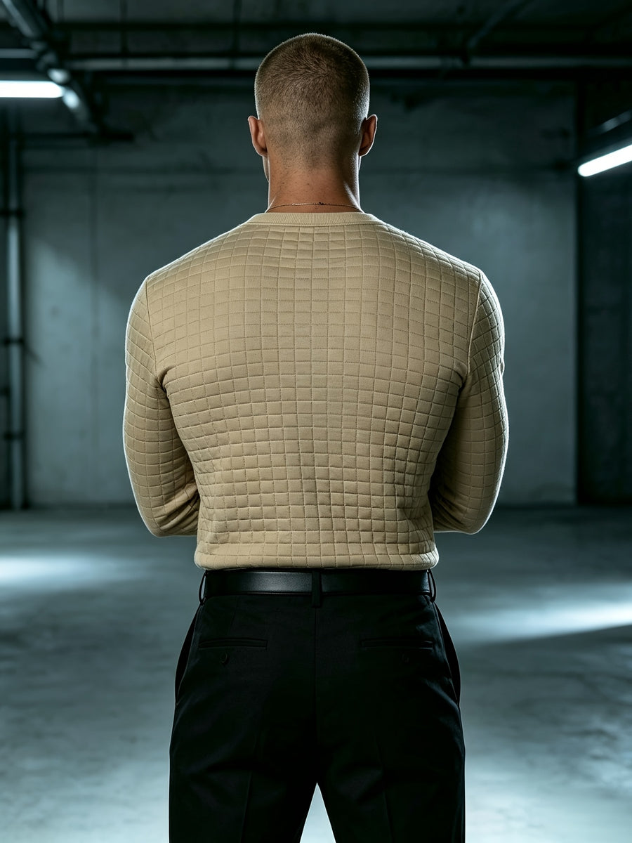 Autumn New Men'S White Checkered Henley Long Sleeve T-Shirt, Henley Collar Textured Top, Easy Rugged Slim Fit, Salon Gathering Casual Wear, Easy Fashion, Men'S Half-Open Long Sleeve - Khaki