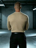 Autumn New Men'S White Checkered Henley Long Sleeve T-Shirt, Henley Collar Textured Top, Easy Rugged Slim Fit, Salon Gathering Casual Wear, Easy Fashion, Men'S Half-Open Long Sleeve - Khaki