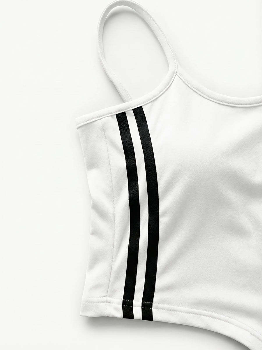 Women'S Elegant Suit, Loose Straight Leg, Side Contrast Stripes, Personalized Triangle Pattern Print, European And American Style Style, Elastic Waist, Straight Leg Wide Leg Long Pants, Paired with a Tight Short Suspender Vest - White