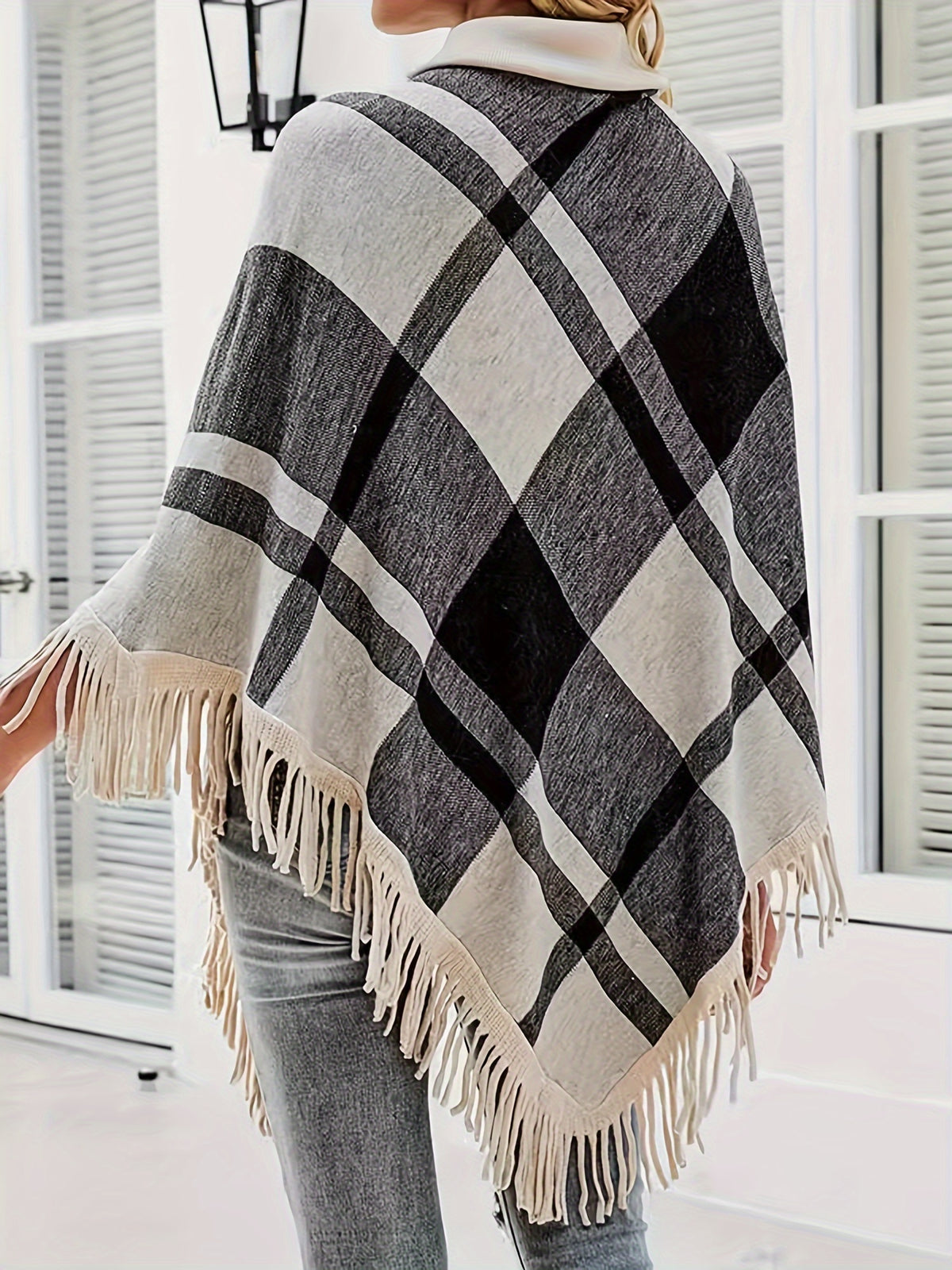 Spring/Autumn New Plaid Color-Block Fringe Shawl Women's High-Neck Irregular Pullover Sweater - Black