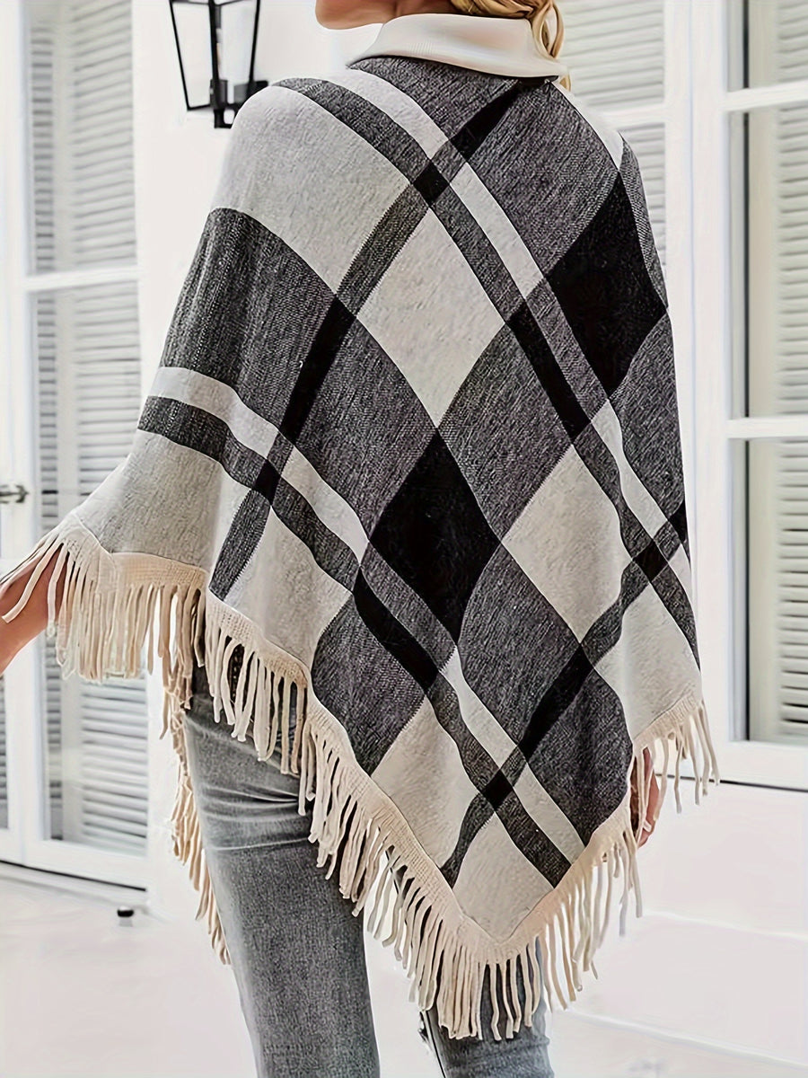 Spring/Autumn New Plaid Color-Block Fringe Shawl Women's High-Neck Irregular Pullover Sweater - Black
