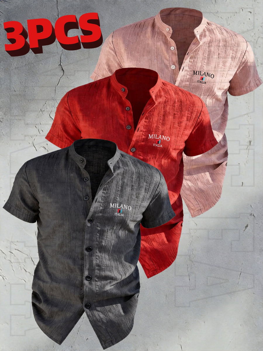Josh Rose OBOM | Lightweight and Breathable Solid-color Button- Shirt with Geometric Pattern, Featuring a Simple Stand-up Collar Design. Suitable for Beach Vacations, Pool Parties, and Casual Wear. Comfortable and Simple for Daily Outings - Gray + Red + Rose Red