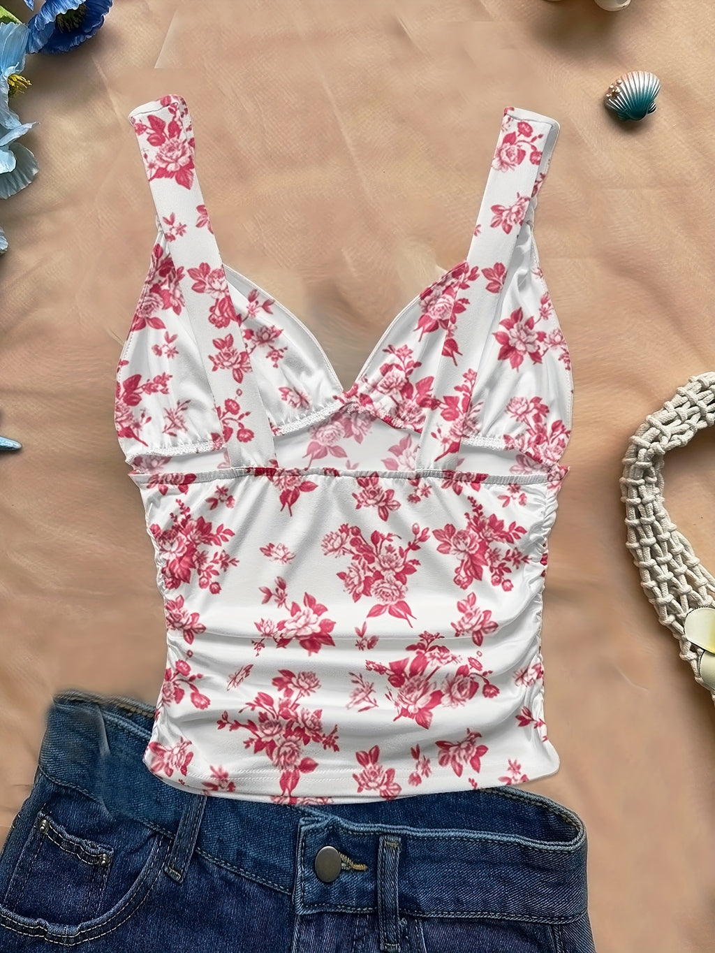 Women's Spring/summer New Hot Beach Tropical Vacation Outfits Casual Floral Slim Fit Bustier Halter Top - Red