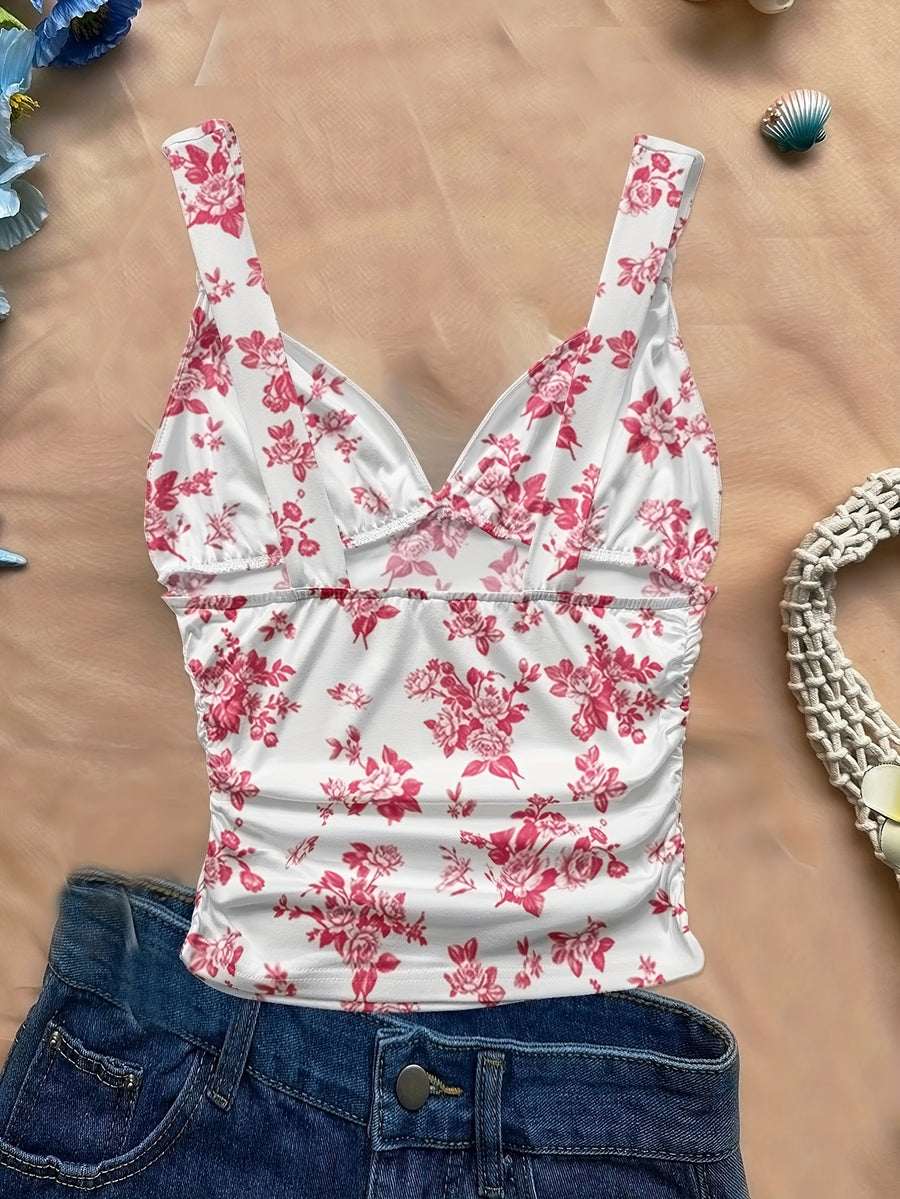 Women's Spring/summer New Hot Beach Tropical Vacation Outfits Casual Floral Slim Fit Bustier Halter Top - Red