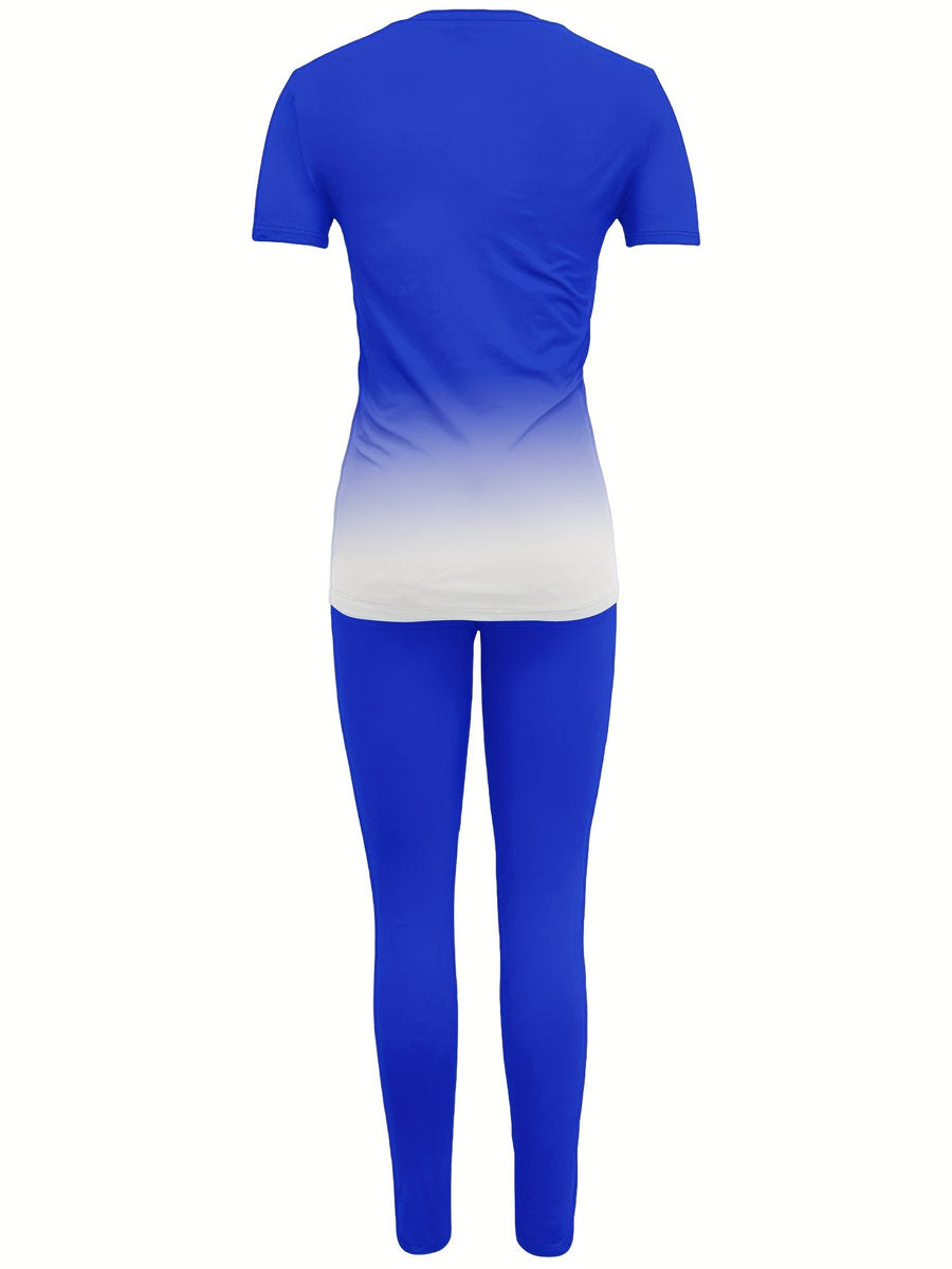 Fashionable Women'S Spring/Summer Set | Crew Neck Short Sleeve Printed Top with Long Pants | Architectural Pattern, Regular Fit - Blue
