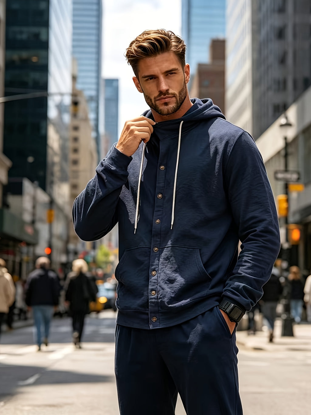 New Arrival: American Style Loose-Fit Men's Linen Casual Minimalist Trendy Hooded Long-Sleeve Shirt - Navy Color