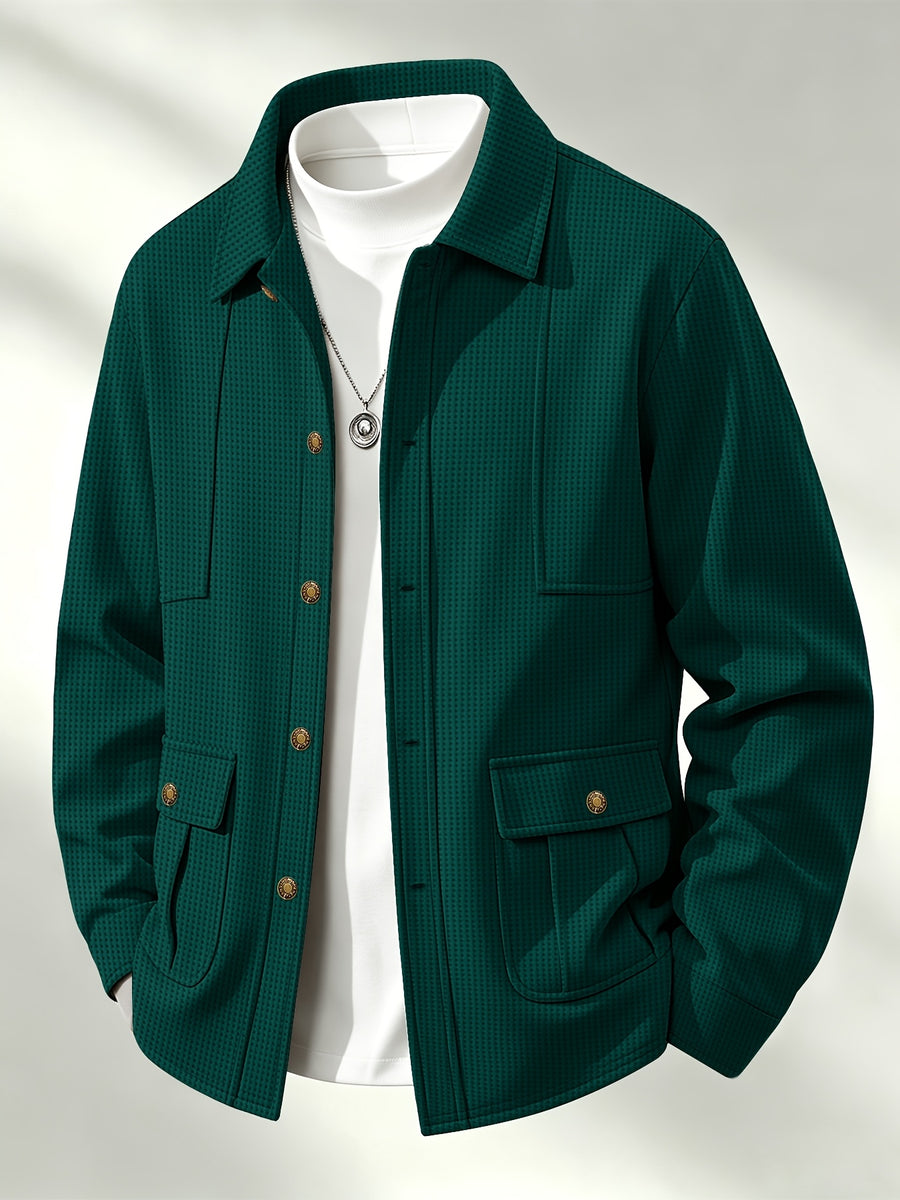 Men's Waffle Knit Jacket with Lapel Collar & Button-Front Closure - Multi-Pocket Workwear Cardigan, Button-Up Buttonhole Pocket Outerwear Suitable for Spring/Autumn, Casual to -Casual Blazer - Dark Green