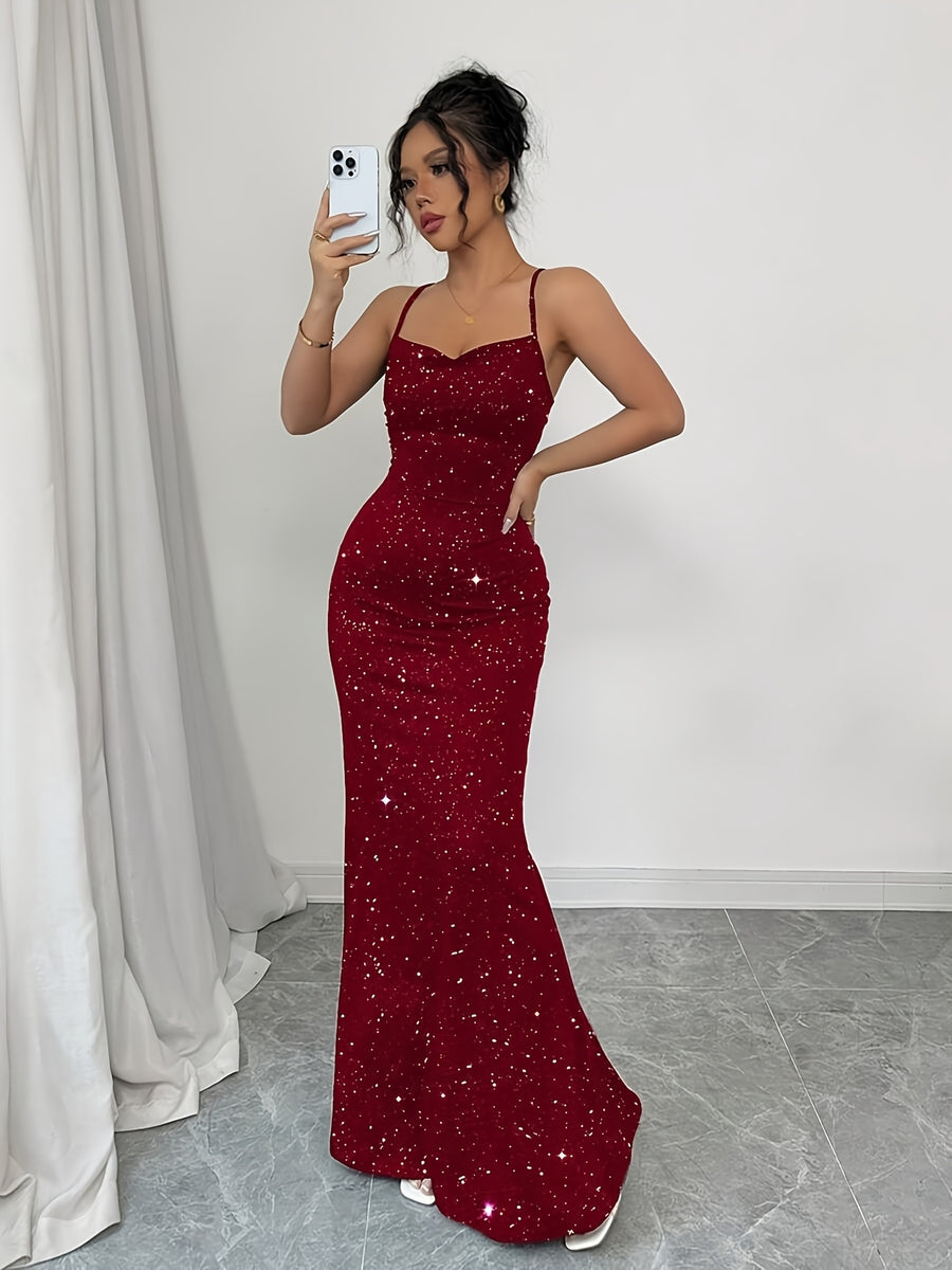 Women's Sparkling Strapless Backless Mermaid Gown for Formal Occasions - Burgundy