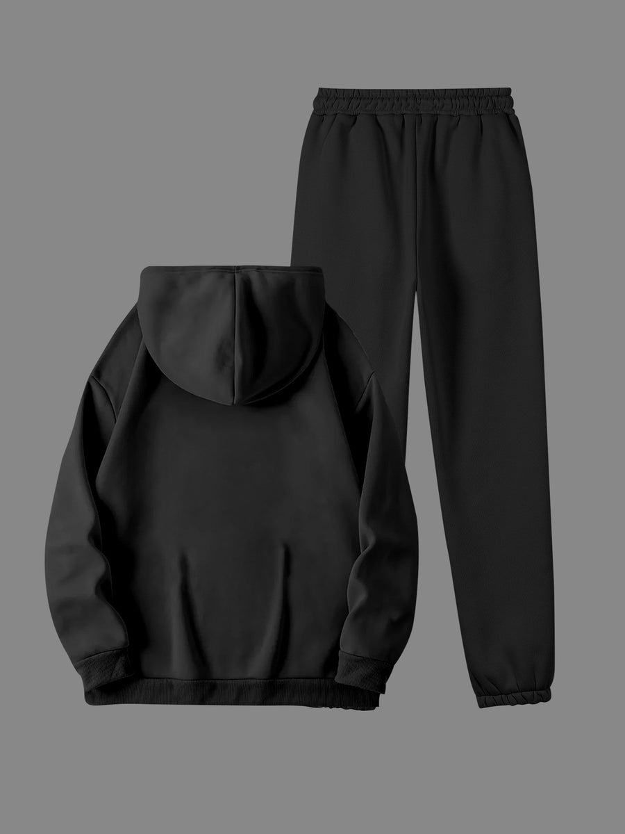 Women's Winter Casual -Lined Thickened Hooded Sweatshirt and Sweatpants Two-Piece Set - Black