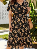 Floral Printed High-Waisted Casual V-Neck Polyester Dress for Adult, Spring/Fall Collection, A Pendulum Style, Woven Fabric, 105 g/m² - Black