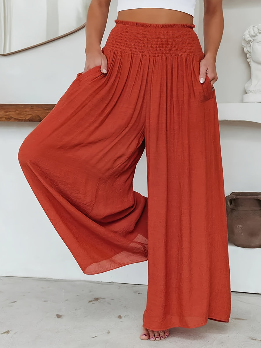 RANLEGE Women's Bohemian Wide-Leg Pants - High-Waisted Solid Color Beach Trousers, Elastic-Free Straight Leg Pants Suitable for Vacation, Resort Wear, & Casual Outfits, Machine Washable - Wide Leg Leggings - Orange