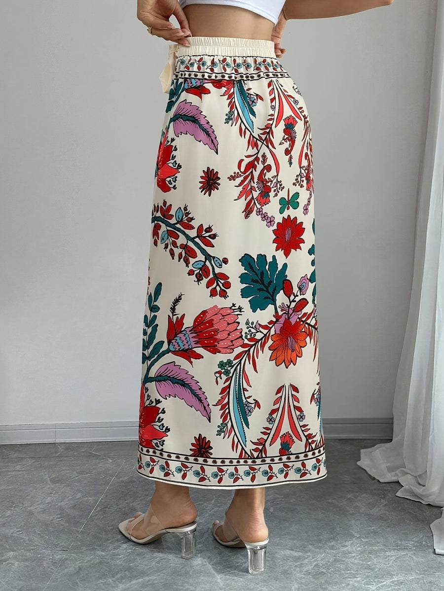 Women's Elegant Floral Print Wrap Tie Straight Skirt, Vacation Style - Mixed colors