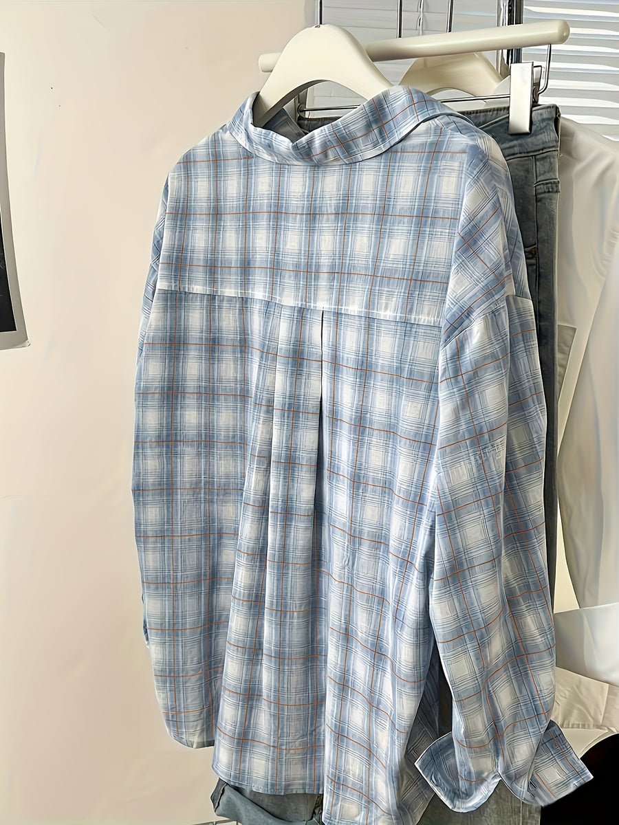 Vintage Blue Checkered, High-Quality Loose And Stylish Casual Design Women'S Long-Sleeve Shirt for Autumn - Bright Steel Blue