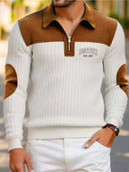 Men'S Fashion Long-Sleeve Polo, Casual Textured Ribbed Sweatshirt, Polo Collar Zipper Design Contrast Color Long-Sleeve Men'S Casual Knit Sweater - White