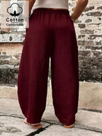 Plus Size, Plus Size Stylish Women's Solid Color Casual Pants, Elastic High Waist with Pockets, Loose Wide-Leg Trousers, Versatile Pants for Commuting and Vacation - Burgundy