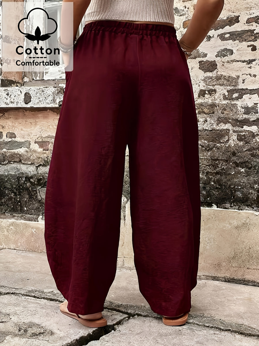 Plus Size, Plus Size Stylish Women's Solid Color Casual Pants, Elastic High Waist with Pockets, Loose Wide-Leg Trousers, Versatile Pants for Commuting and Vacation - Burgundy