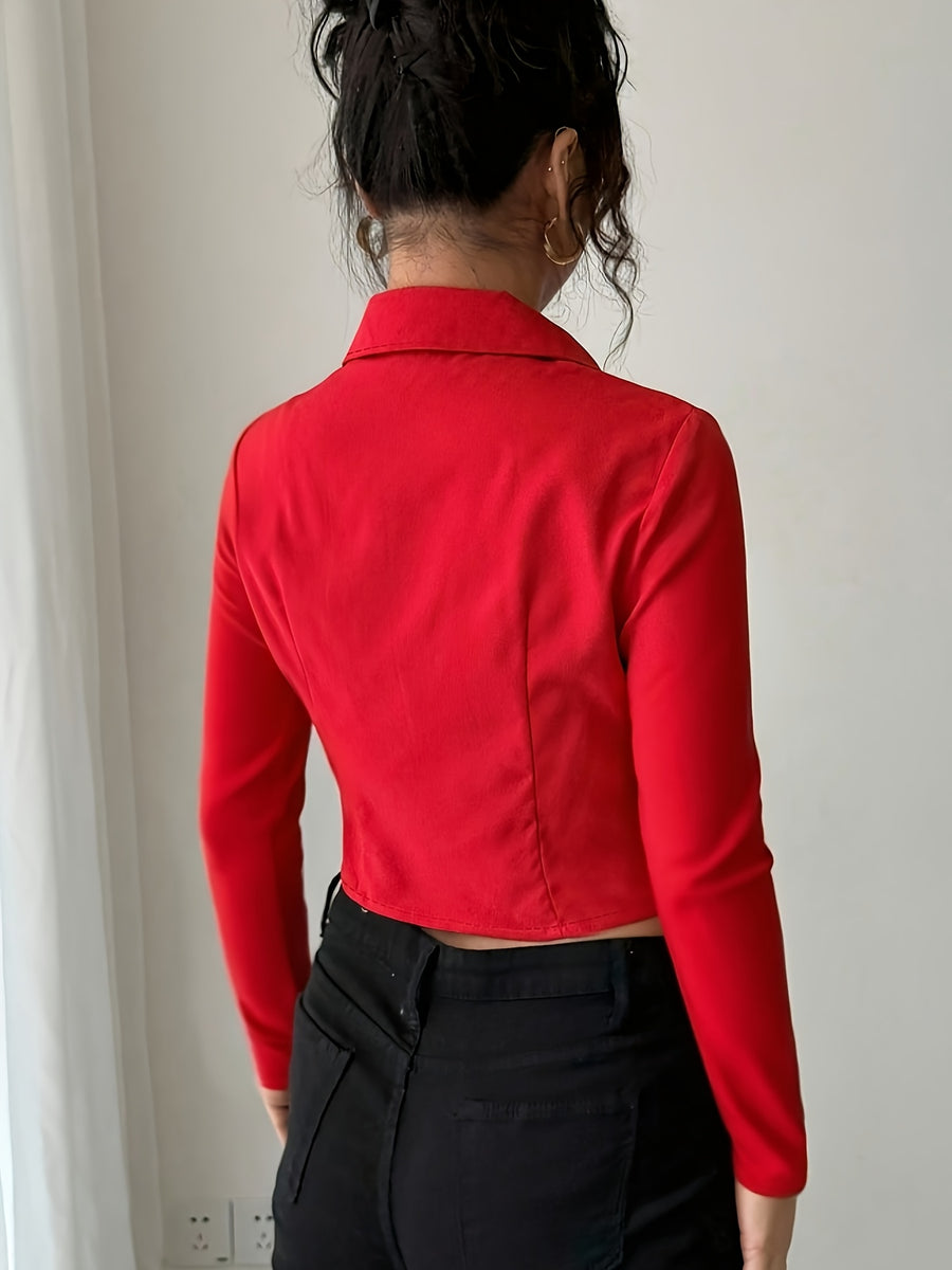 Women's Slim-Fit Lapel Zip Casual Solid Long Sleeve Shirt - Red