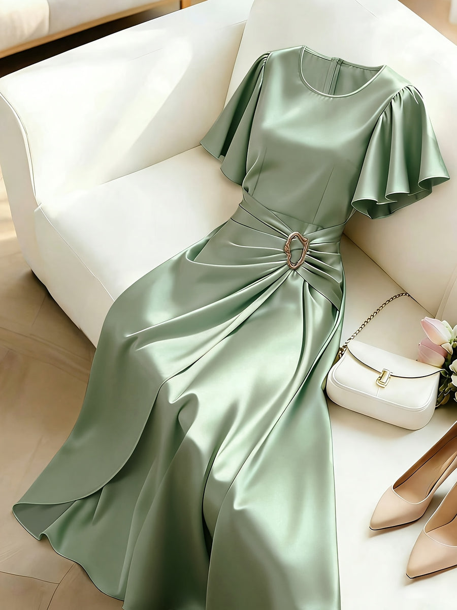 ( Lustrous Fabric) Round Neck Flutter Sleeve Dress, Single-Sided Twist Waist Cinched Full Skirt, High-Waist Temperament Dress, Gentle Solid Color Light Luxury Socialite Style Long Dress, Light Luxury Banquet Elegant Style - Mint Green