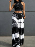 Women's Tie-Dye Wide-Leg Pants in European and American Street Style, High-Waisted with Elastic Drawstring, Large Pockets, Casual Sport Pants, Summer Lightweight Drapey Fabric, Lazy Style Long Pants for Daily Wear, Home, and Vacation, Versatile Loose - Black