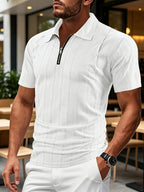 Josh Mei'S Selected Products: Men'S Texture Pattern Half-Zip Polo Shirt, Summer Short-Sleeve Polo Shirt with Half-Zip Button Decoration Men'S Casual Top - White