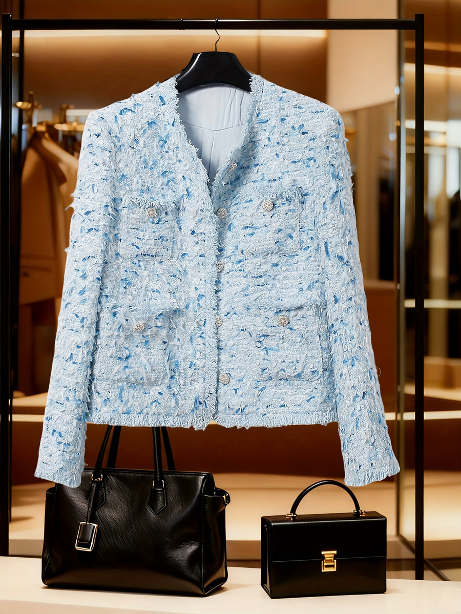 Tweed Jacket Fashion Top Elegant, Daily Casual Short Tassel Jacket Top with Pockets Autumn And Winter, Suitable for Business/Formal Workplace/Casual Workplace/Daily Office/Industry Summit/Business Dinner/Company Annual Meeting/Customer Appreciation - Blue