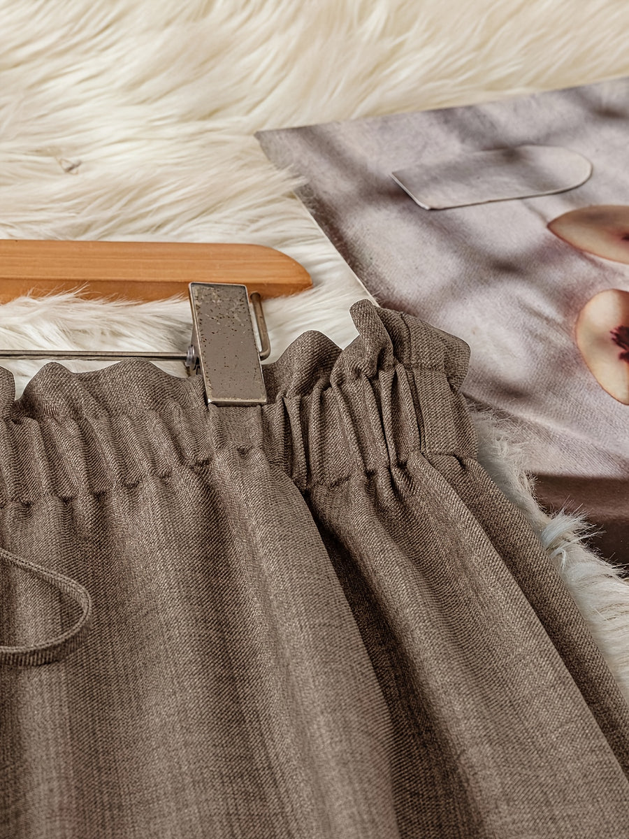 Women's Elegant Solid Color Faux Drawstring Waist Comfortable Long Pants - Apricot