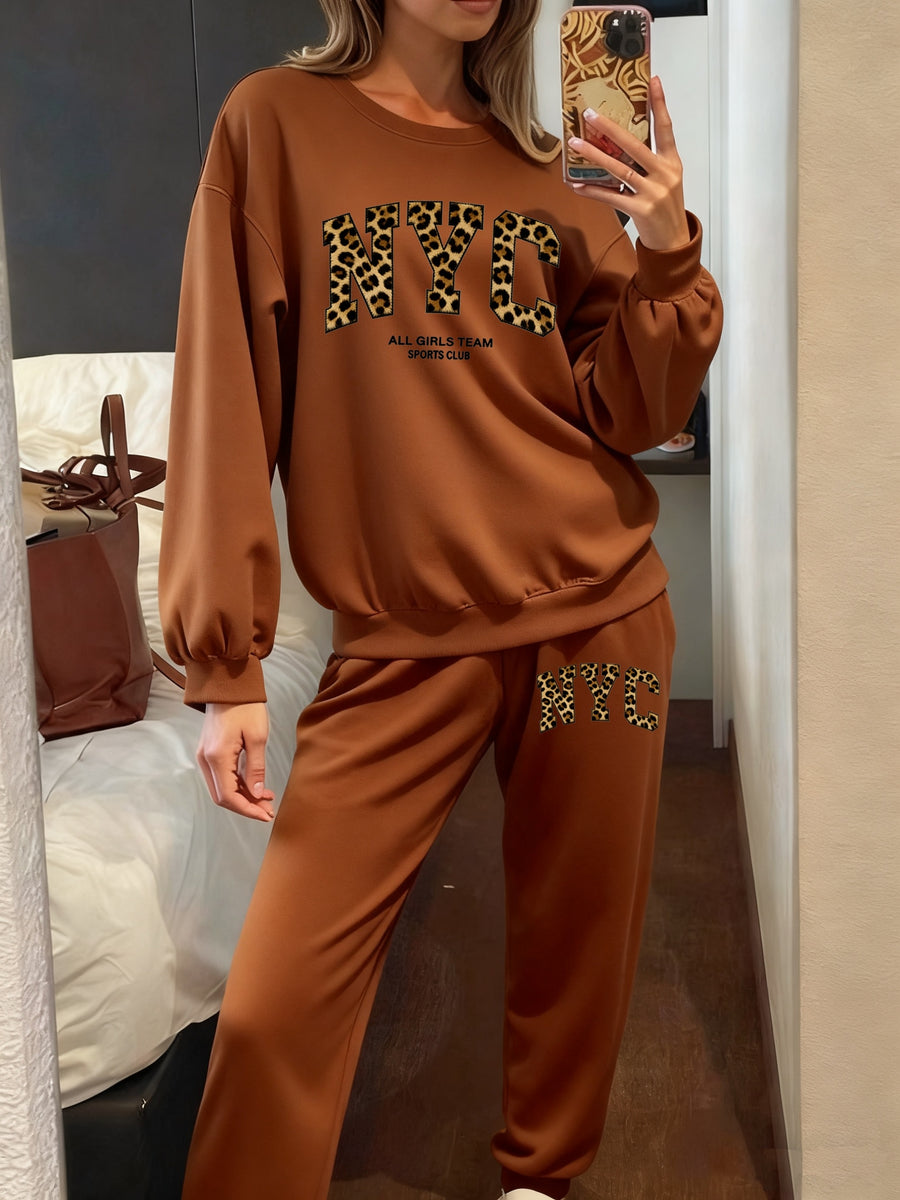 NYC Print Women'S Round Neck Casual Set 2pcs Outfit Spring Fall Outfit - Reddish Brown