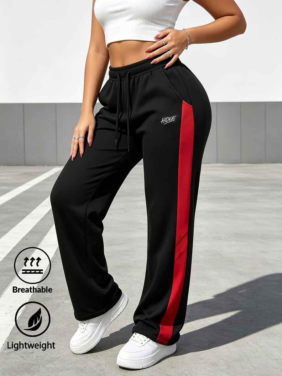 Trendy Fashion Women'S New Casual Thin Long Pants, Color-Block Patchwork with Elastic Waist And Adjustable Drawstring, Embroidered Logo, Suitable for Spring/Autumn Outdoor Leisure Or Daily Commute And Various Parties - Black