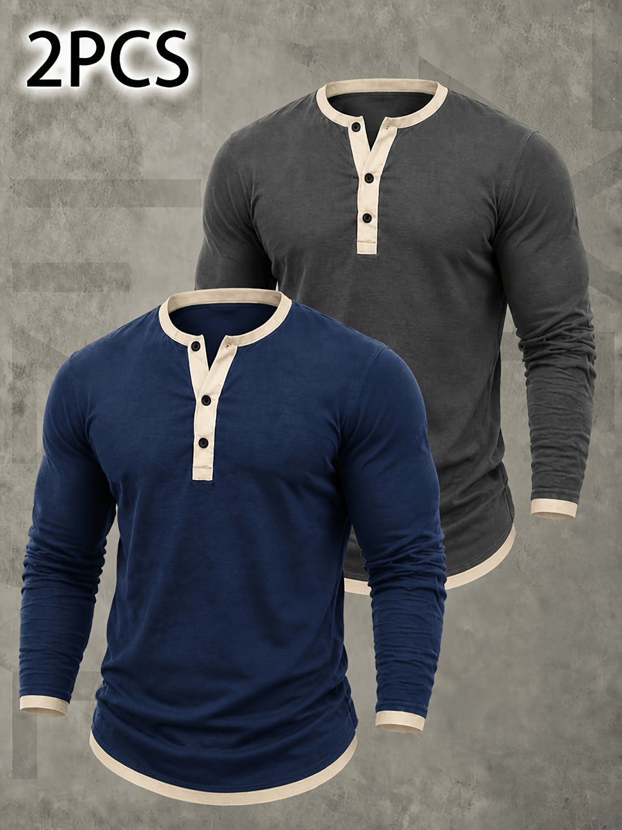 Men's Retro Color-Block Cotton And Linen Blend Button-Up Henley Long Sleeve Polo Shirt, 2pcs. Breathable & Relaxed Fit. Casual Outdoor, Work & Party Wear. Versatile Spring/Fall/Autumn Layering Essential - Dark Grey+Navy Blue