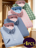 Multi-Color Plaid Men'S Short Sleeve Shirt 4pcs Set, Christmas Gift, Holiday Wear, Office, Date Night, Easy Fit with Festive Style, Casual Wear, Full Holiday Atmosphere, Easy to Get Festive Photos, Easy Cut, Versatile for Layering And Single Wear - Green+Pink+Silvery Gray+Dark Blue