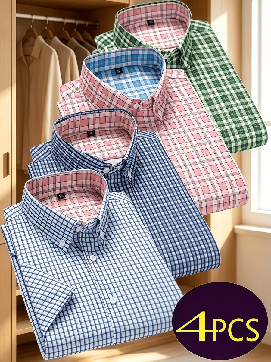 Multi-Color Plaid Men'S Short Sleeve Shirt 4pcs Set, Christmas Gift, Holiday Wear, Office, Date Night, Easy Fit with Festive Style, Casual Wear, Full Holiday Atmosphere, Easy to Get Festive Photos, Easy Cut, Versatile for Layering And Single Wear - Green+Pink+Silvery Gray+Dark Blue