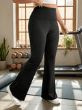 Plus Size, Plus Size Women's Black Leggings - Wide Leg Pants, Casual Solid Color Stretch Polyester Pants, Suitable for All Seasons, Comfortable and Stylish, Versatile Apparel | Elegant Plus Size Flared Pants | Medium Stretch Fabric, Plus Size Pants - Black