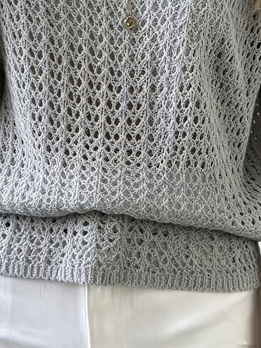 Women's Hollow Out Short Sleeve Blouse Sweater - Semi-Sheer Crochet Round Neck Lightweight Summer Top, Breathable Loose Pullover Blouse Suitable for Daily Wear & Vacation, Machine Washable Solid Color Crochet Knitwear - Grey