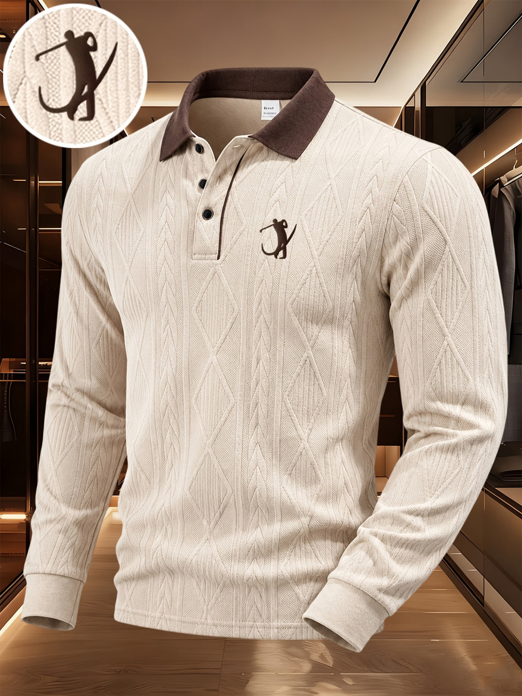 Men'S Fashion Long-Sleeve Polo Shirt, 3D Relief Golf Character Print, Foam Weight Craft, Contrast Color Reversible Design T-Shirt, Essential for Golf And Polo Wear, Breathable Warm And Skin-Friendly Comfort, Indoor Gatherings And Outdoor Sports - Apricot