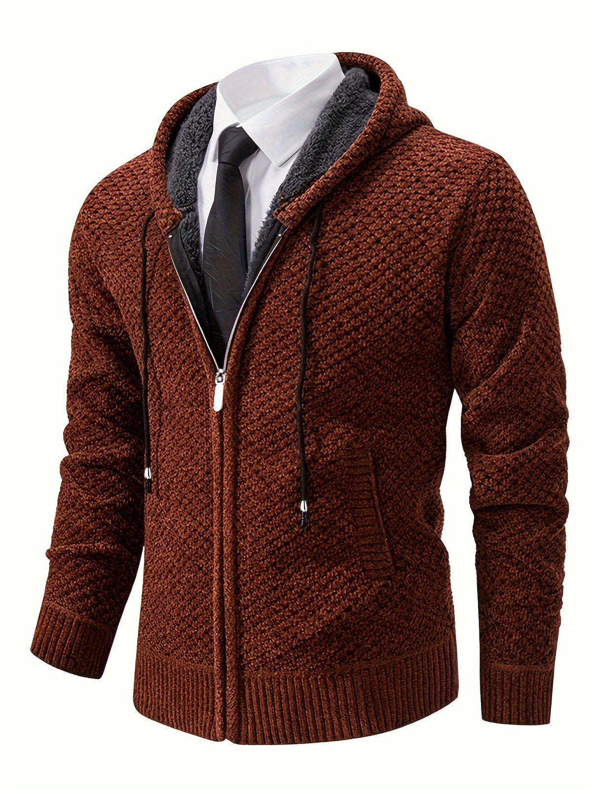 Men'S Premium Knit Cardigan Sweater, Chenille Fabric High Quality Hooded Thick Warm Sweater - Coffee Color