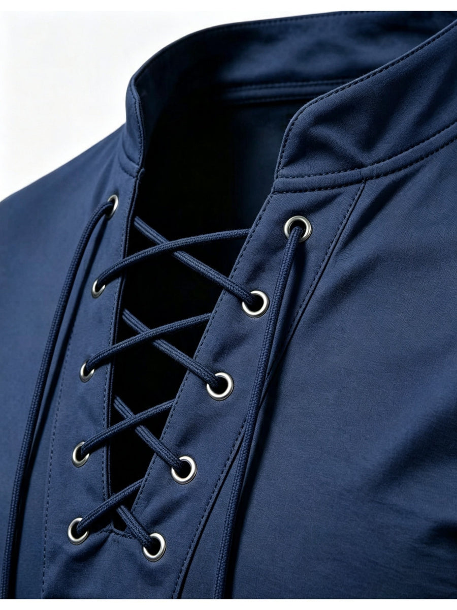 2026 New Men'S Stand Collar Cross-Strap Long Sleeve Shirt, Unique Cross-Strap Neckline Design Eye-Catching, Chest Repeating Letter Cartoon Print Trendy Individual, All-Season Wearable Inner Layer, Commute And Casual Versatile Top - Navy Color