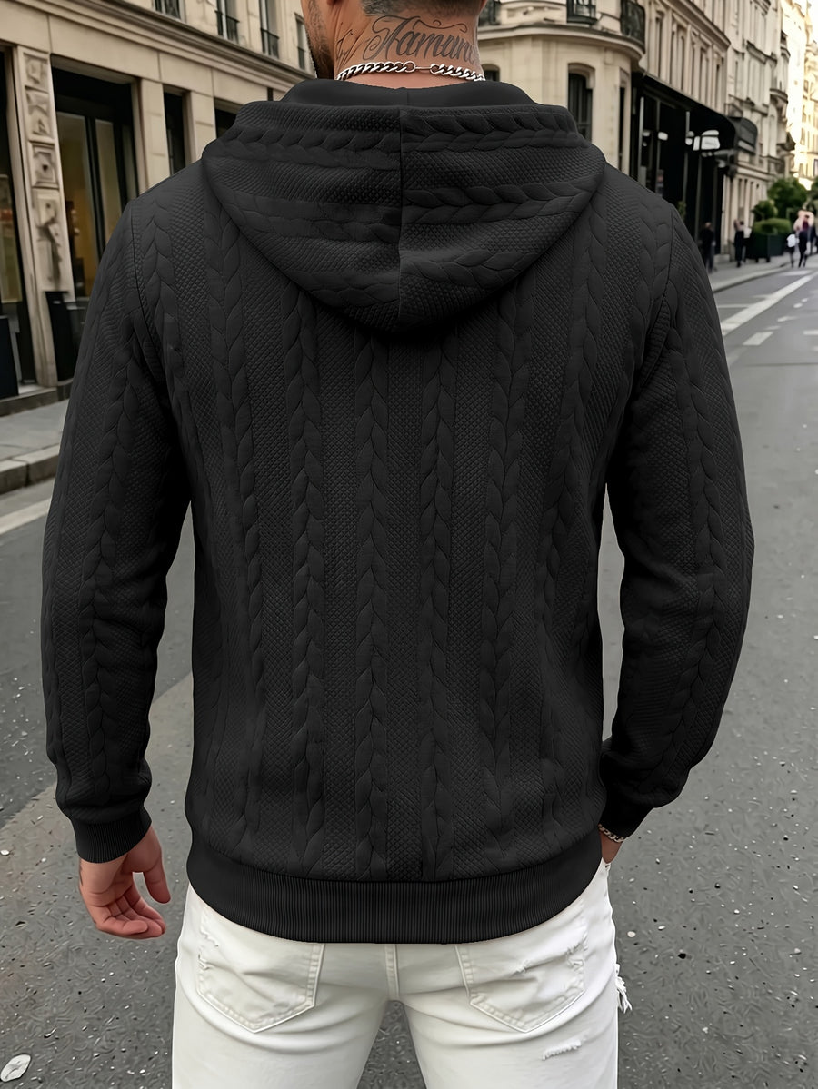 Autumn Winter Men'S Thick Jacquard Long Sleeve Cardigan Hoodie, Comfortable Warm Fabric with Trendy Print, Suitable for Daily Outings, Outdoor Sports, Travel, And Vacation, Lightweight Comfortable Regular Fit, Ideal for Beach, Hiking, Evening Wear - Black