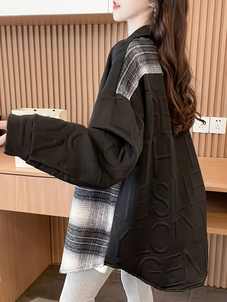 Loose And Jacquard Lazy Style Spliced Plaid Shirt, Loose Design Sense Sweatshirt Jacket, Niche Casual - Black