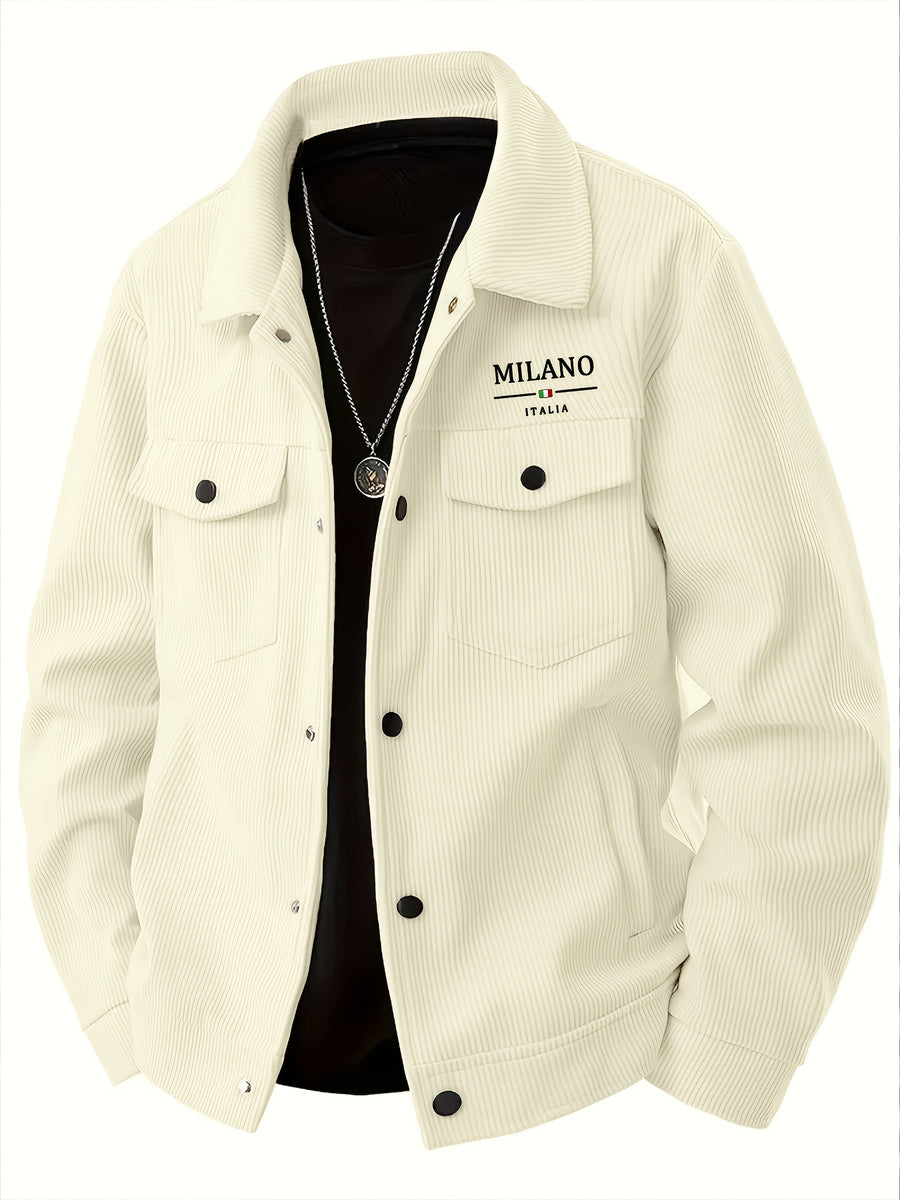 [Pearson OBM] Men'S Corduroy Lapel Cargo Jacket, Italian Light Luxury Style, Letter Print Double Button Pockets And Pinstripe Fabric, Spring/Autumn Mid-Age Men'S Commuter Warm Casual Top Winter Clothes for Men - Milky White