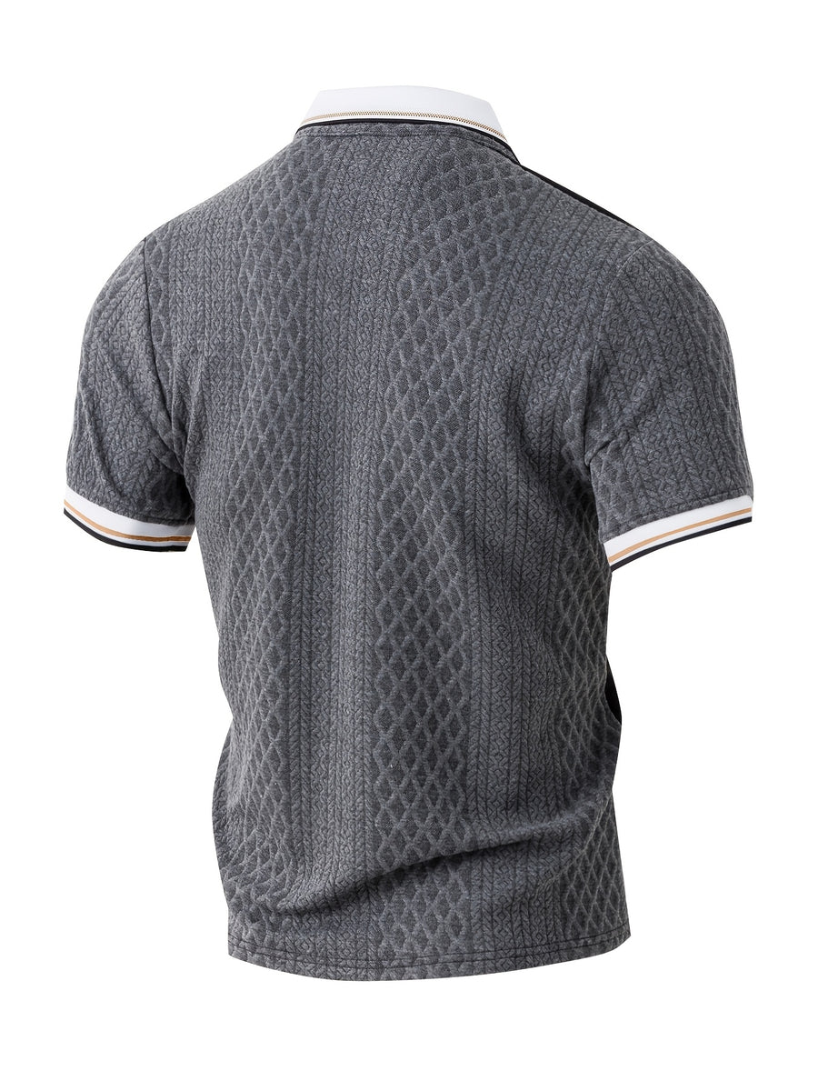 Men's Fashion New Color-Block Polo Shirt with Collar, Jacquard Design, Soft Fabric, Versatile for Outdoor Streetwear and Beach Vacation Outfits - Grey