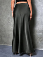 Women's High-Waisted Solid Color Elegant Satin Skirt, Suitable for Date, Party, Gift, All Season - Black
